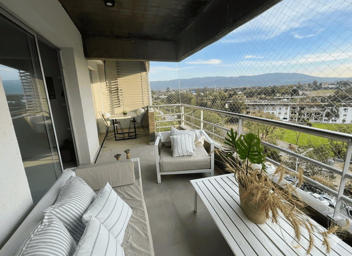 Red de seguridad transparente en balcón amueblado con vista panorámica - Instalación profesional