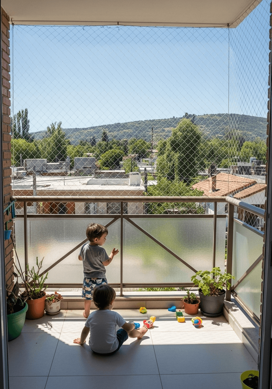 Niños seguros jugando en balcón protegido con red de seguridad - Protección familiar